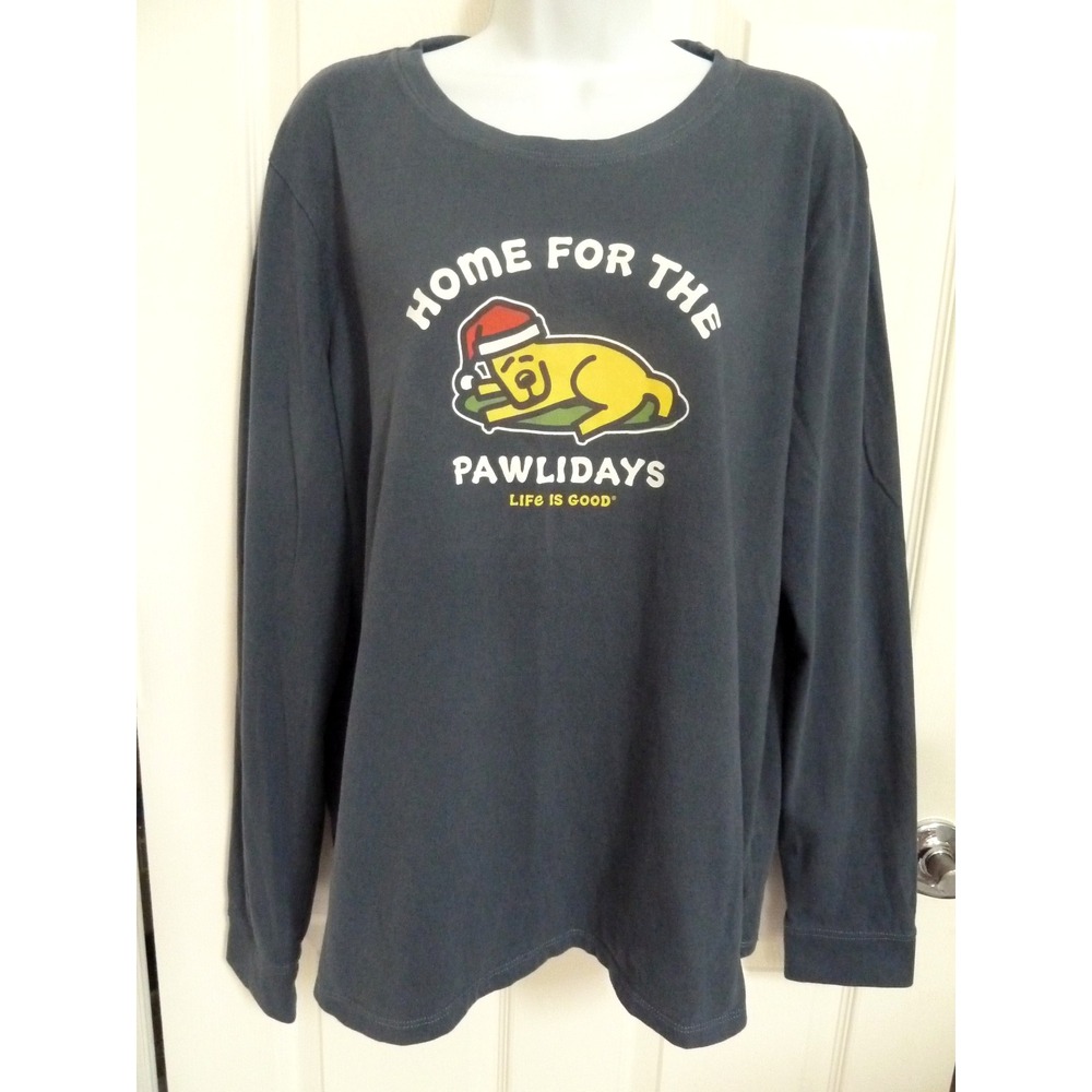 Life is Good XL Blue Home For The Pawlidays Jake Dog Santa Hat Long Sleeve Shirt